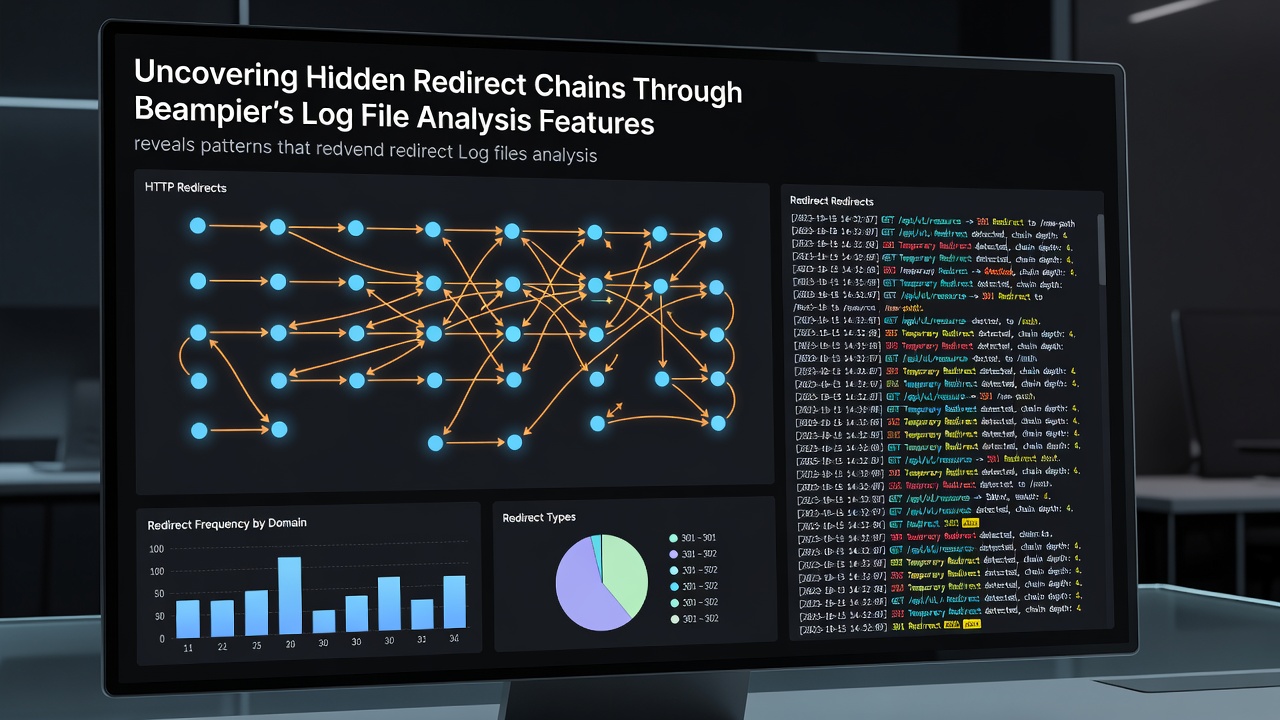 Detailed Beampier dashboard interface displaying parsed redirect chain examples from server logs